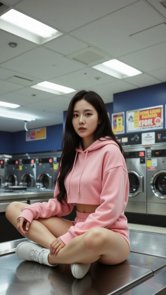 Vintage digital camera aesthetic at a laundromat
