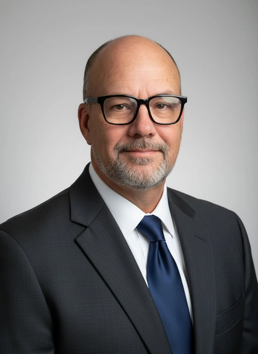 Professional corporate headshot with neutral background