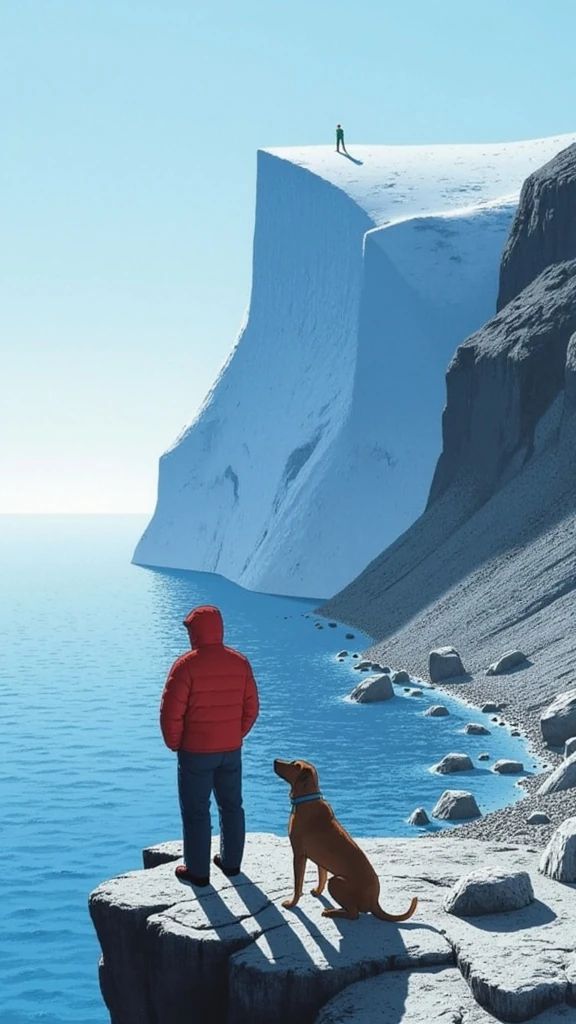 A man in a red puffer jacket and his dog standing on the edge of a tall glacier