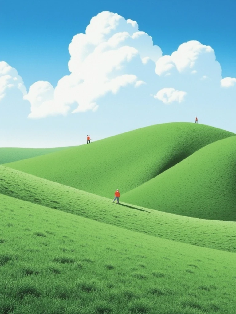 Rolling grassy Mongolian hills with fluffy white clouds