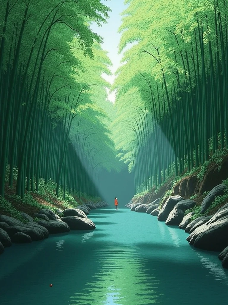A small lake in a Japanese bamboo forest