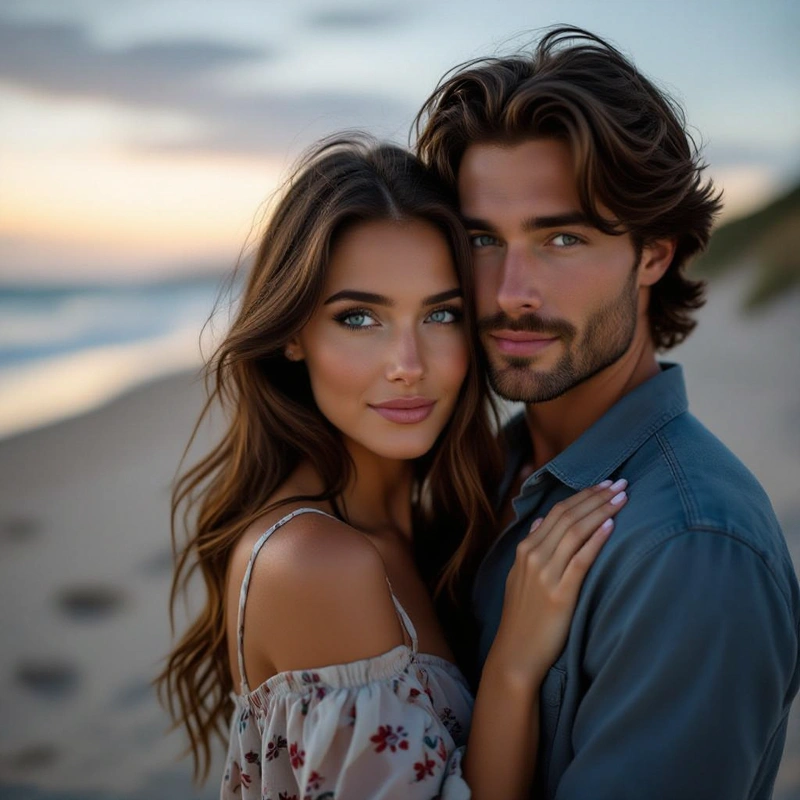A woman with long brown hair and bright blue eyes gazes contentedly at her
