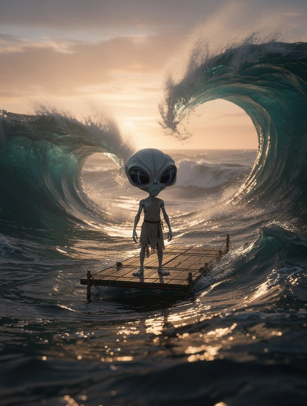 A short gray alien on a raft in middle of the ocean