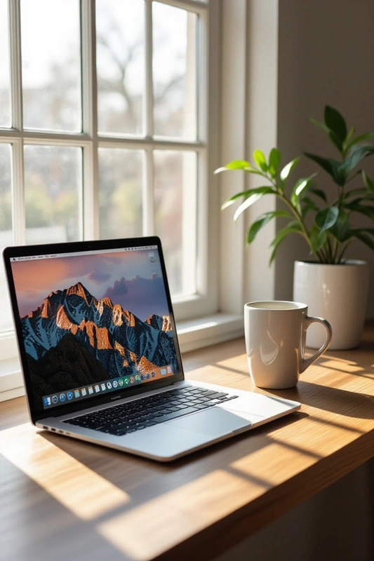 Laptop on wooden desk beside coffee mug